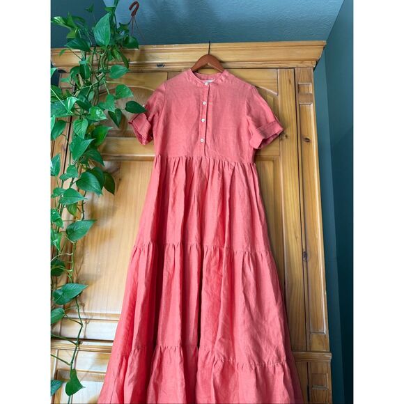 Boho Linen Maxi Dress by HELSOL, Coral, Handmade in Mexico - Picture 2 of 14